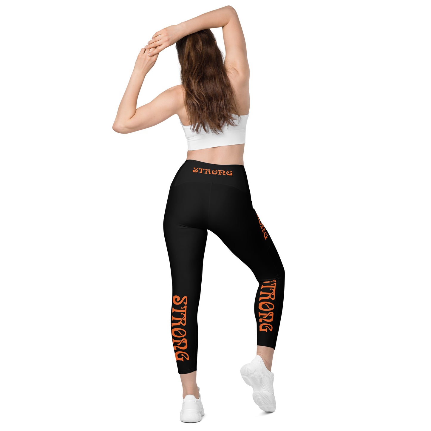 “STRONG” Black Leggings W/Pockets & Orange Font