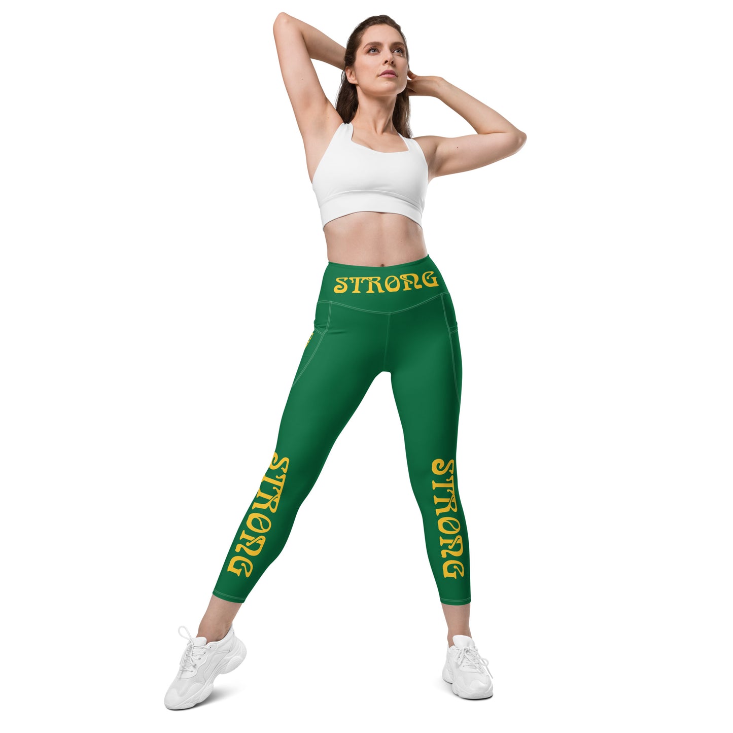 “STRONG” Green Leggings W/Pockets & Yellow Font