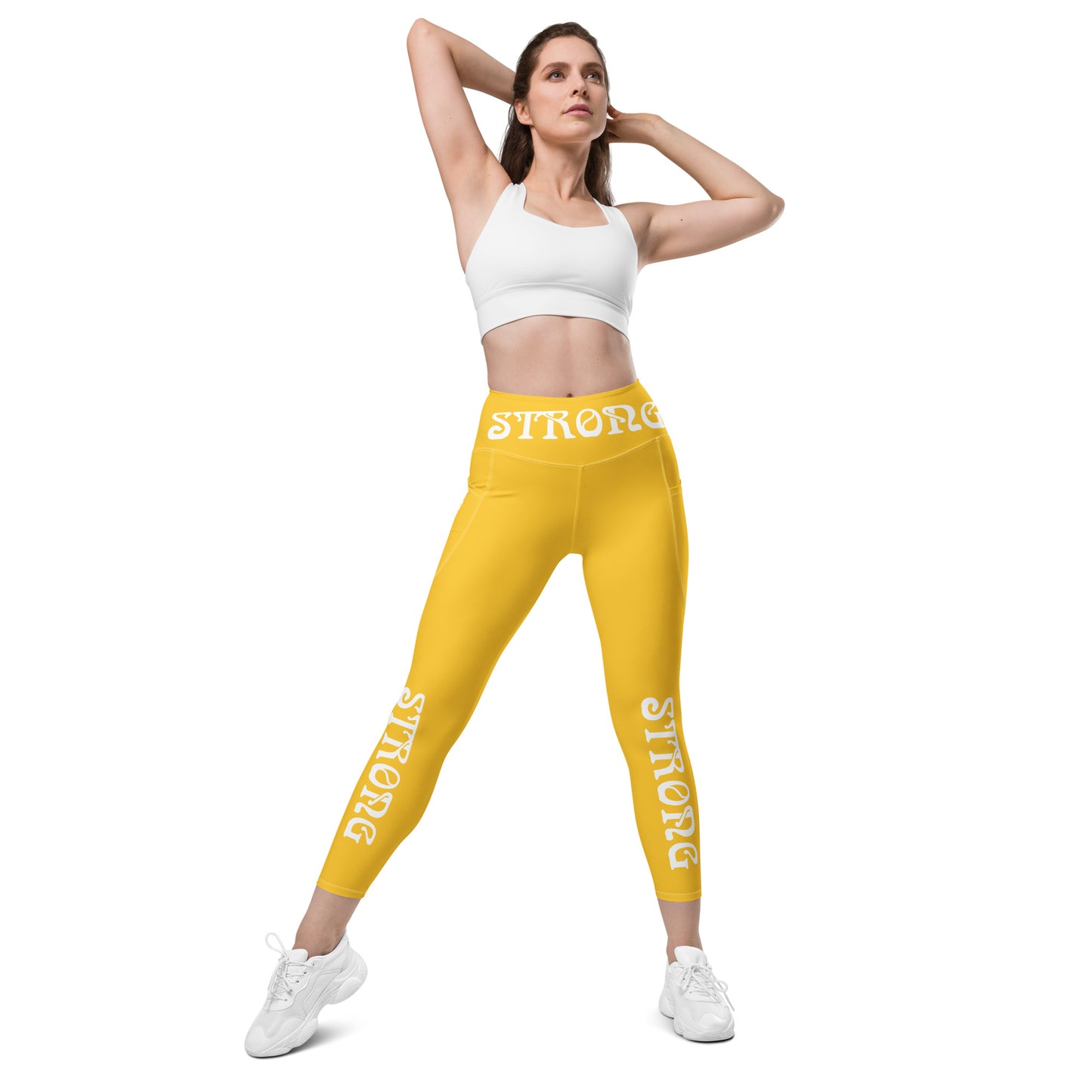 “STRONG” Yellow Leggings W/Pockets & White Font