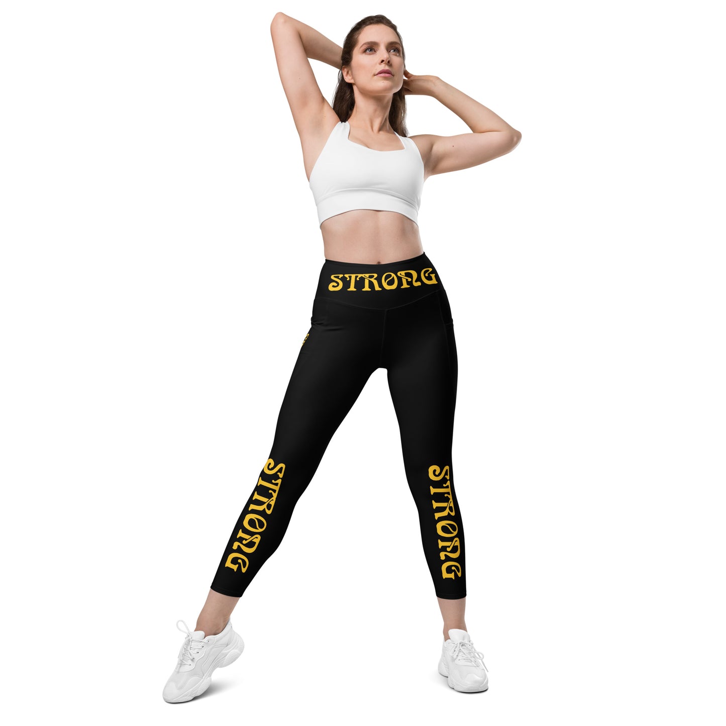 “STRONG” Black Leggings W/Pockets & Yellow Font