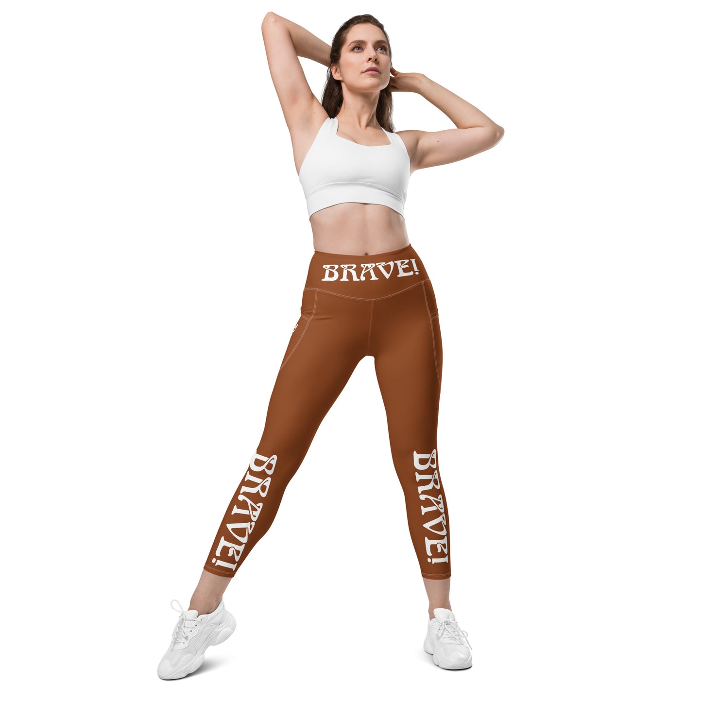 “BRAVE!”Brown Leggings W/Pockets & White Font