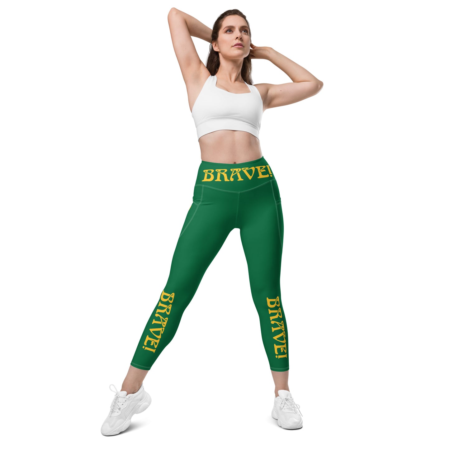 “BRAVE!” Green Leggings W/Pockets & Yellow Font