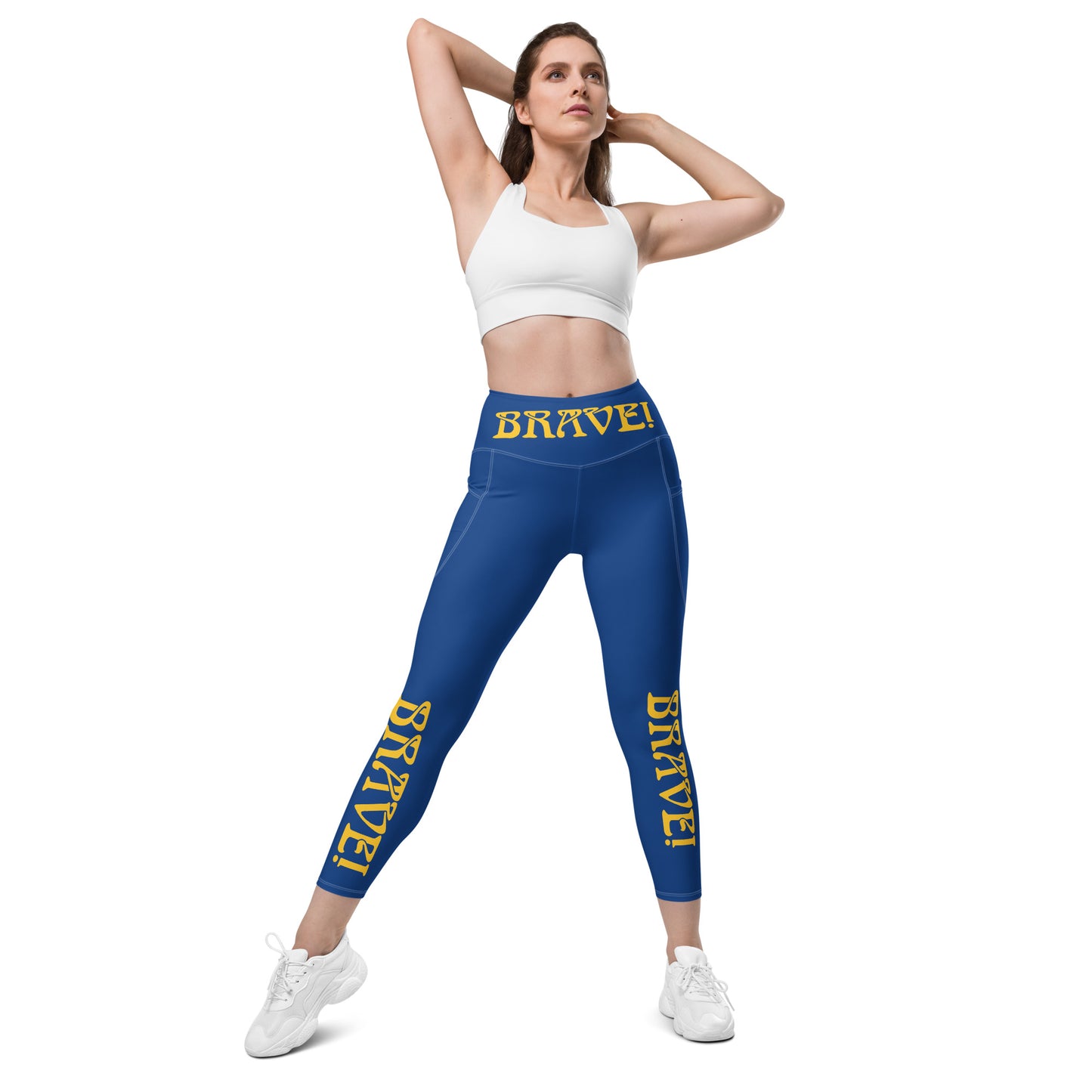 “BRAVE!” Blue Leggings W/Pockets & Yellow Font