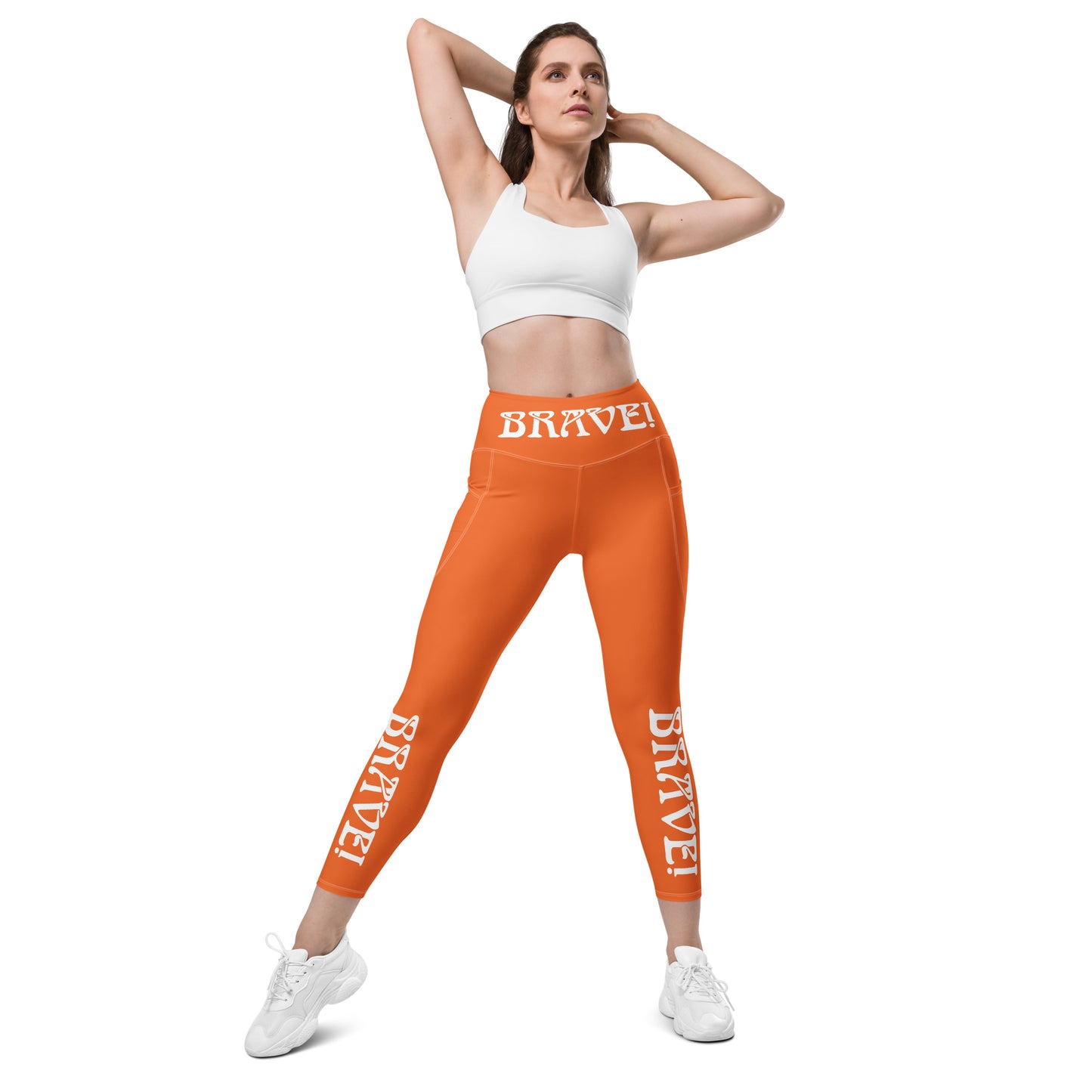 “BRAVE!” Orange Leggings W/Pockets & White Font