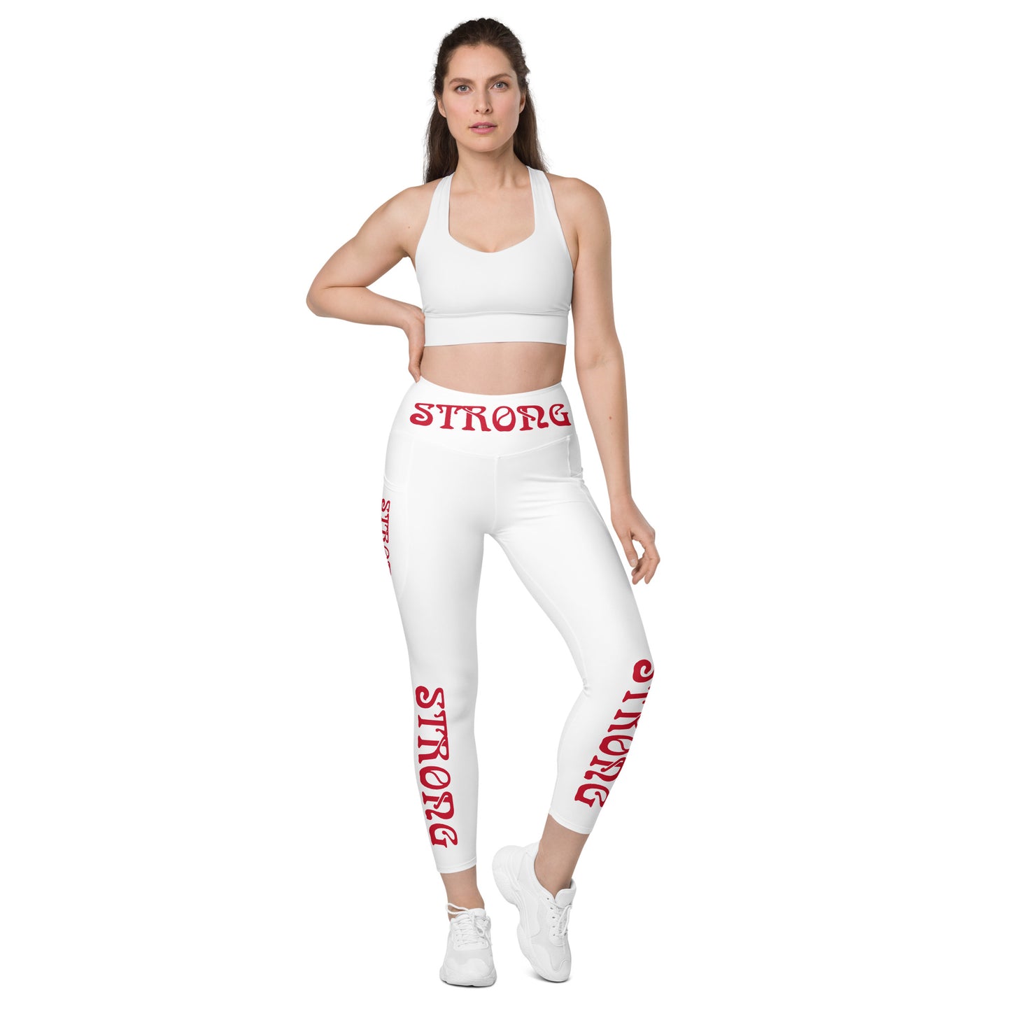 “STRONG” White Leggings W/ Pockets & Red Font