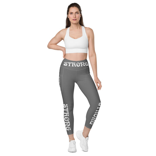 “STRONG” Grey Leggings W/ Pockets & White Font