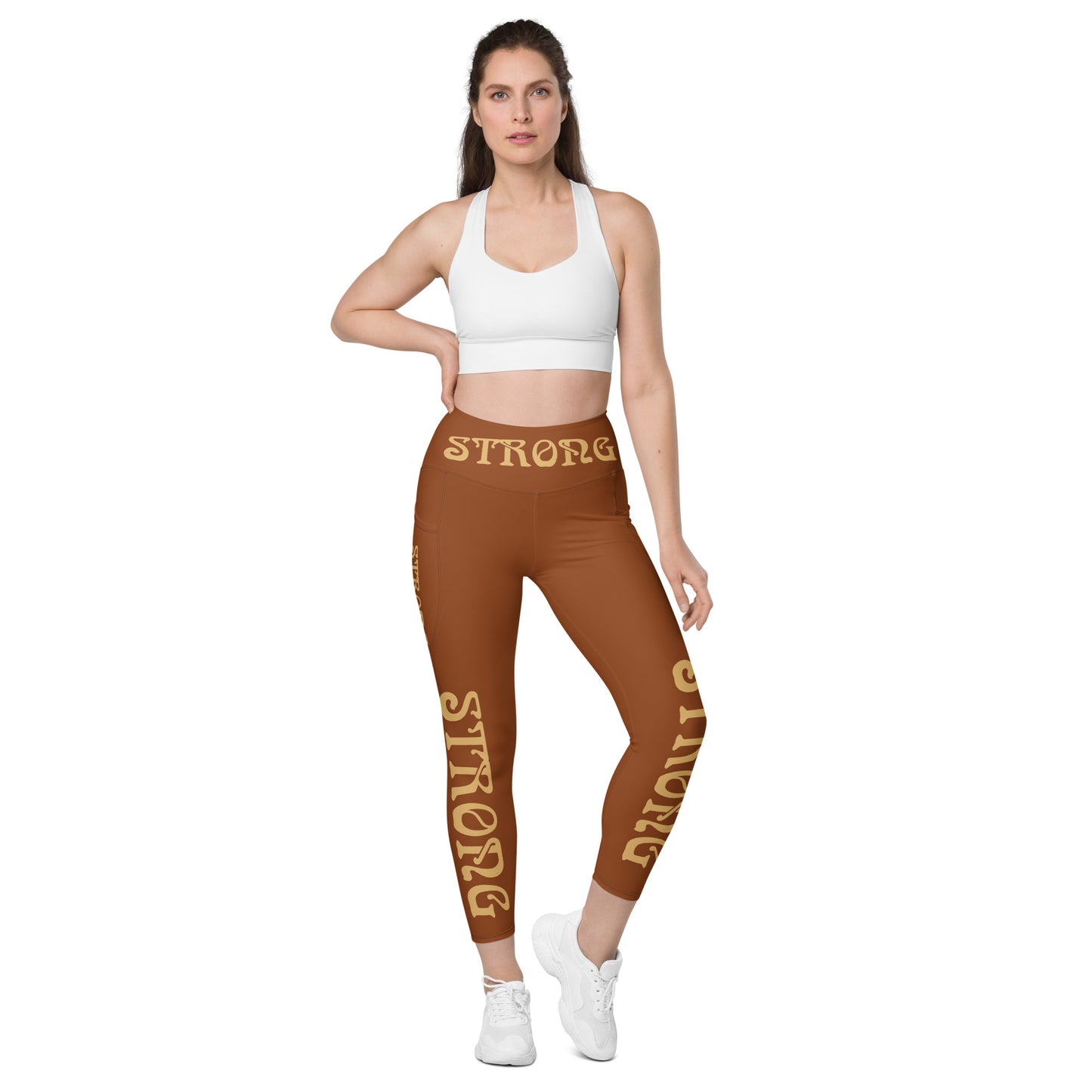 “STRONG”Brown Leggings W/Pockets & Fawn Font