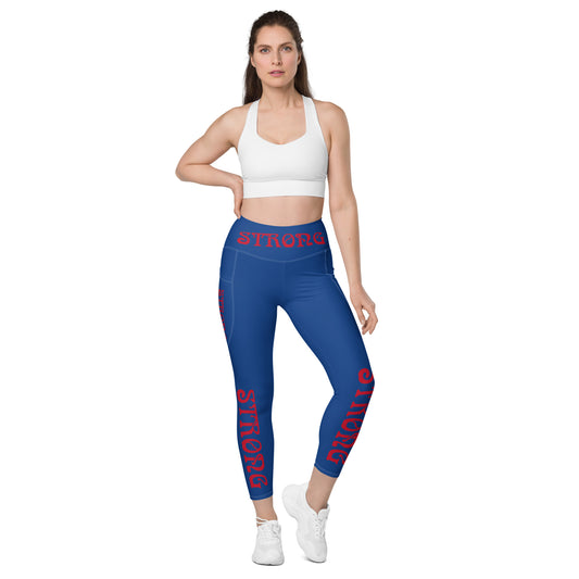 “STRONG” Blue Leggings W/Pockets & Red Font