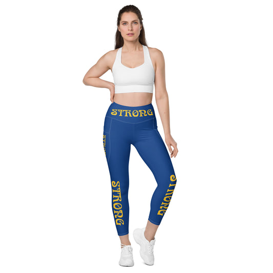 “STRONG” Blue Leggings W/Pockets & Yellow Font