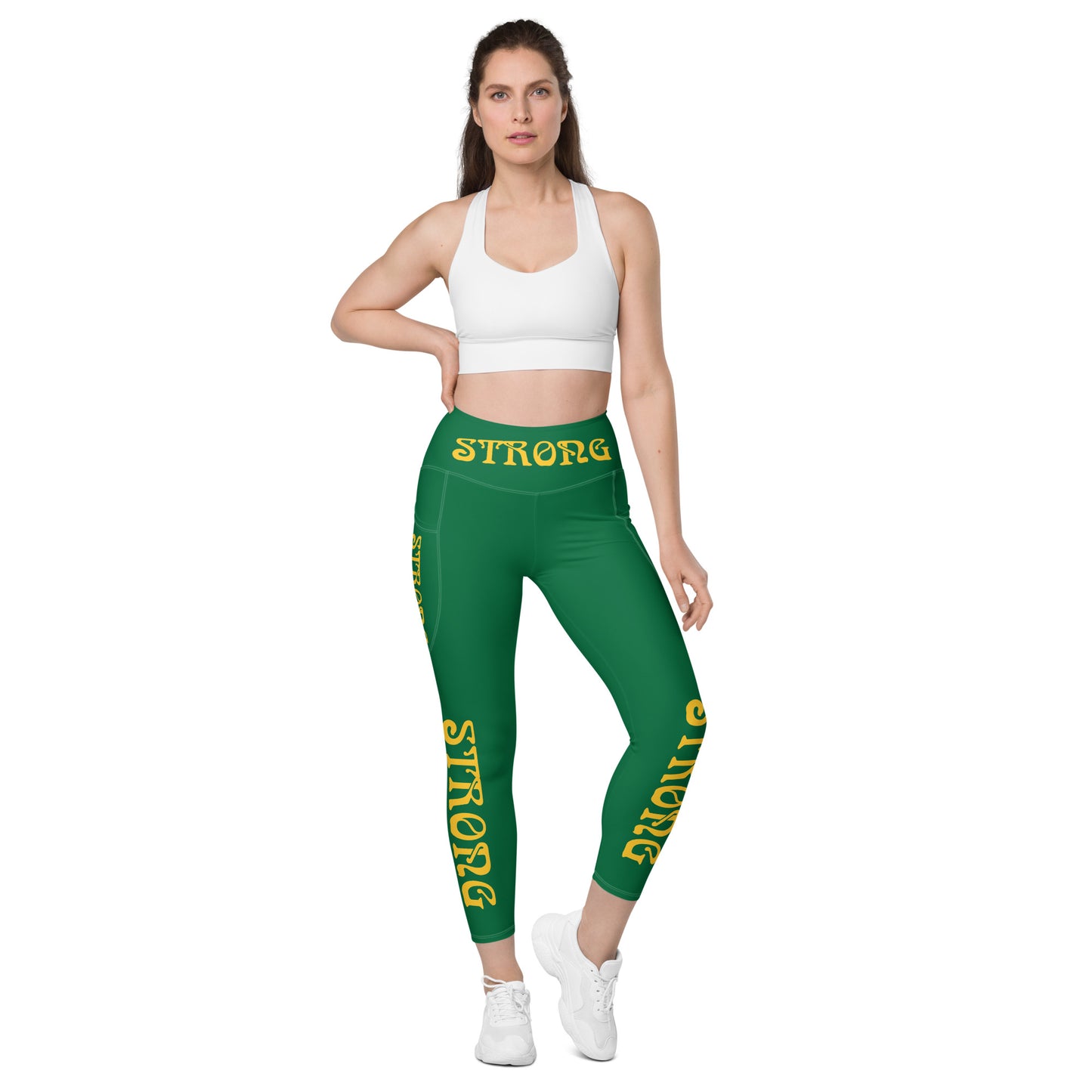 “STRONG” Green Leggings W/Pockets & Yellow Font