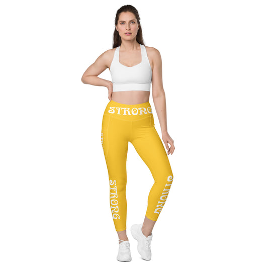 “STRONG” Yellow Leggings W/Pockets & White Font