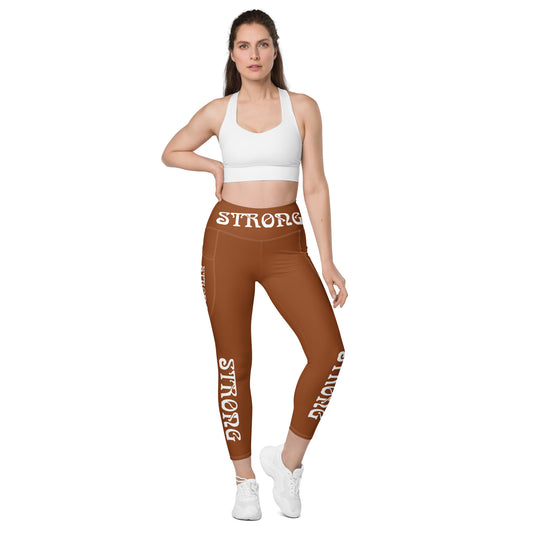 “STRONG” Brown Leggings W/Pockets & White Font