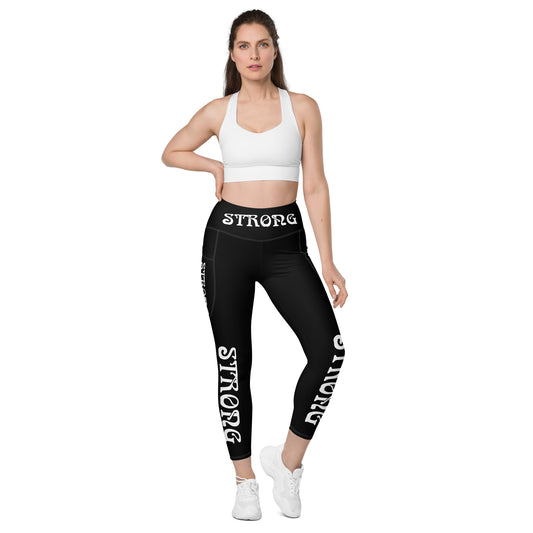 “STRONG” Black Leggings W/Pockets & White Font