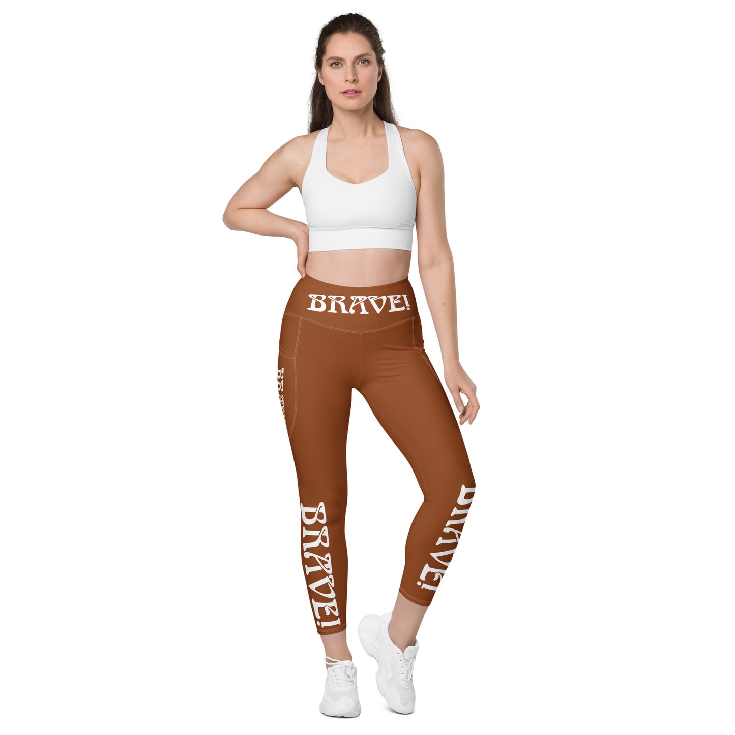 “BRAVE!”Brown Leggings W/Pockets & White Font