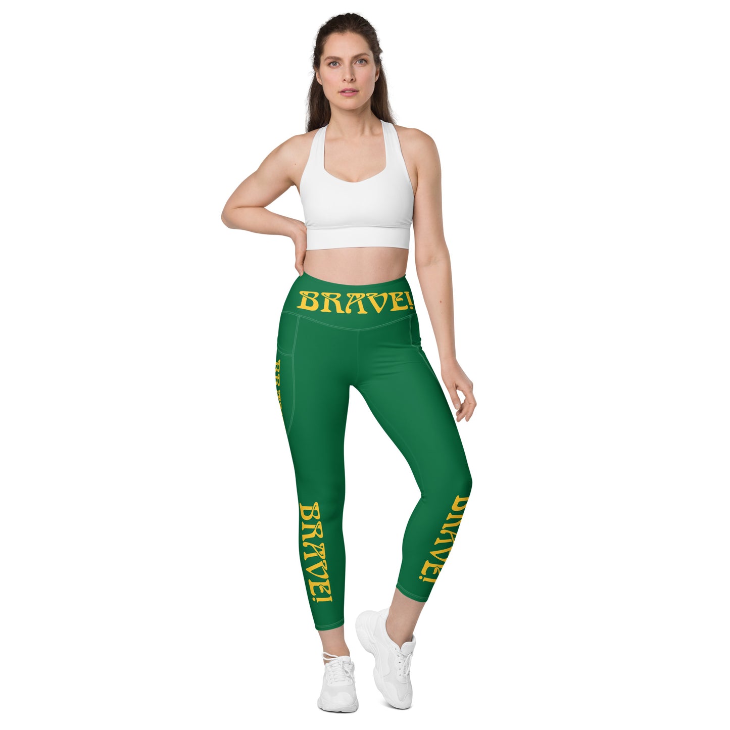 “BRAVE!” Green Leggings W/Pockets & Yellow Font