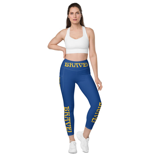 “BRAVE!” Blue Leggings W/Pockets & Yellow Font