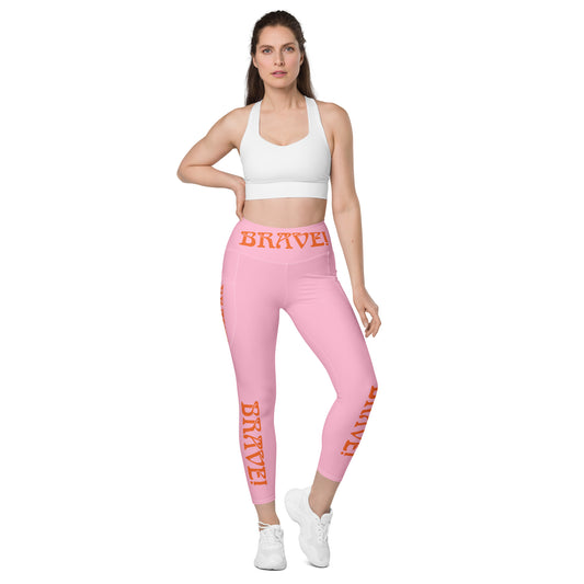 “BRAVE!” Cotton Candy Leggings W/Pockets & Orange Font