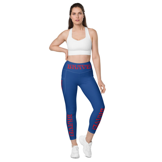 “BRAVE!” Blue Leggings W/Pockets & Red Font