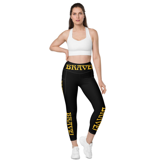 “BRAVE!” Black Leggings W/Pockets & Yellow Font
