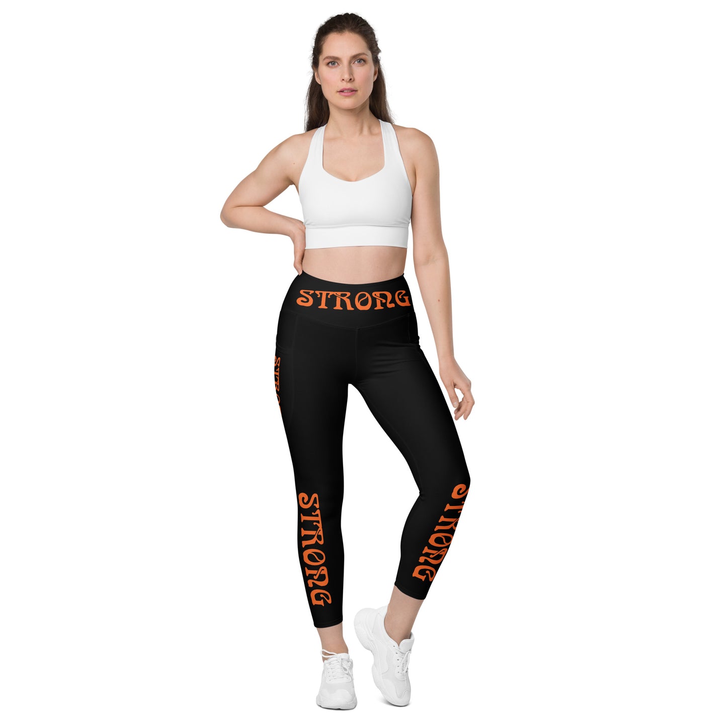 “STRONG” Black Leggings W/Pockets & Orange Font