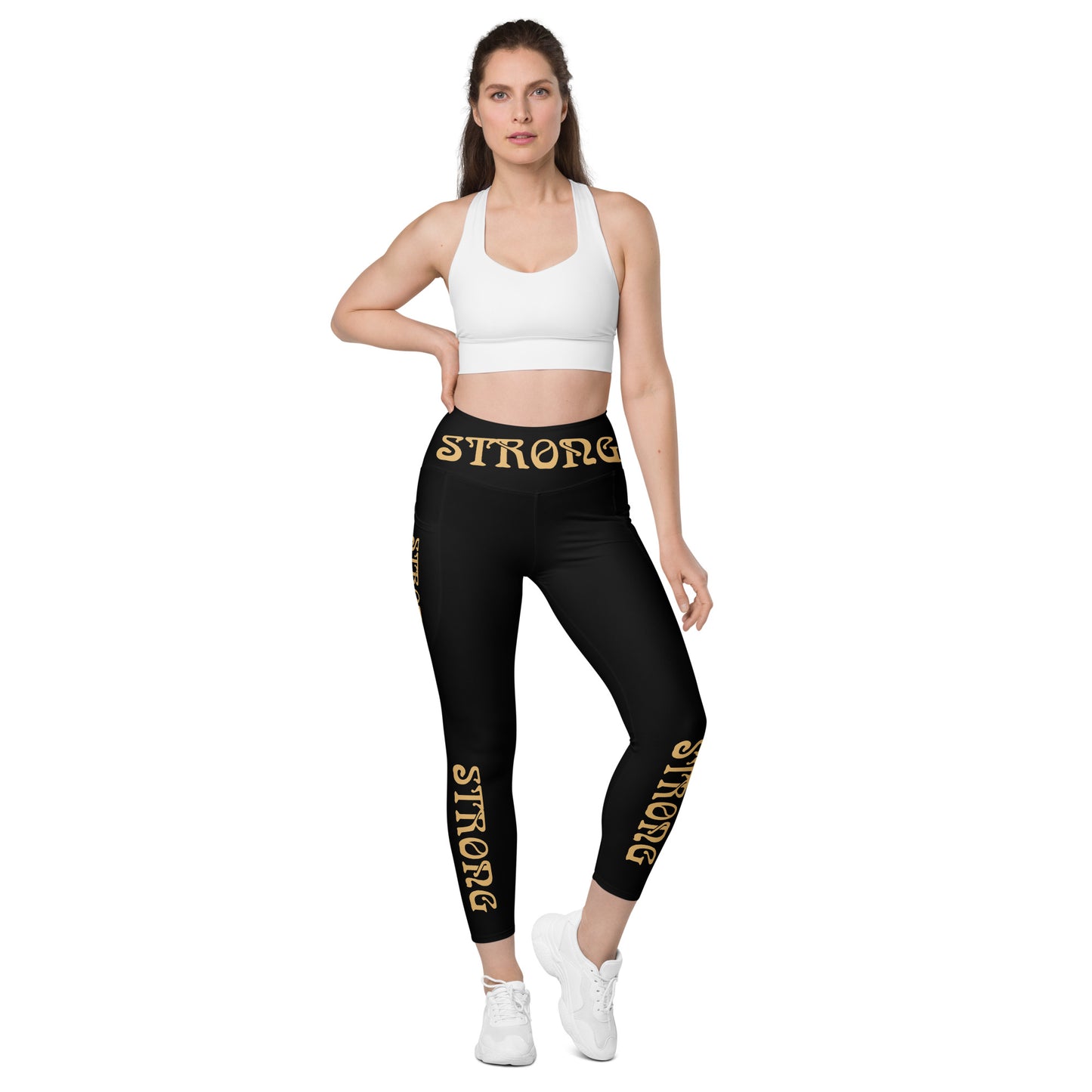 “STRONG” Black Leggings W/Pockets & Fawn Font