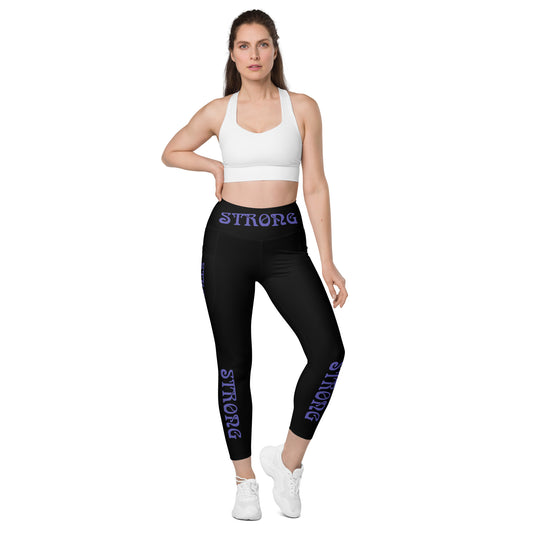 “STRONG” Black Leggings W/Pockets & Purple Font