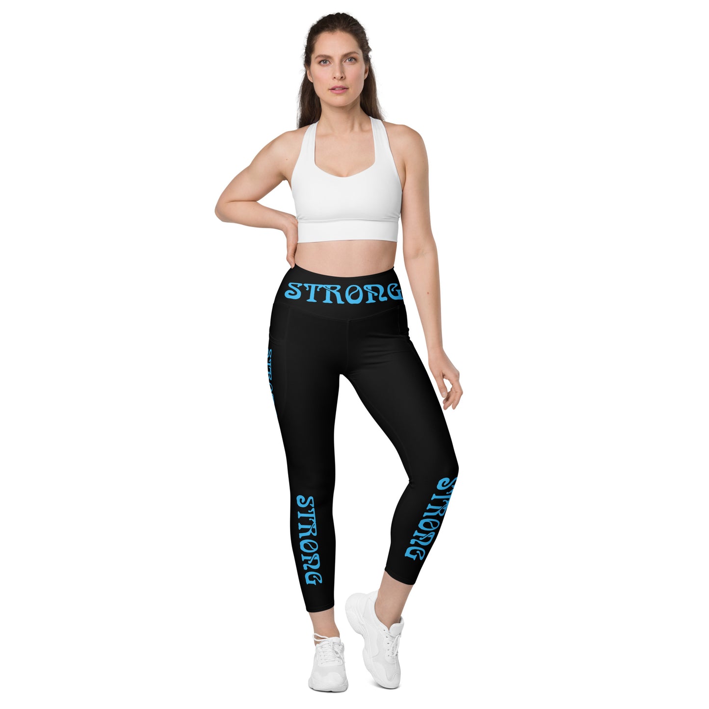 “STRONG” Black Leggings W/Pockets & SkyBlue Font