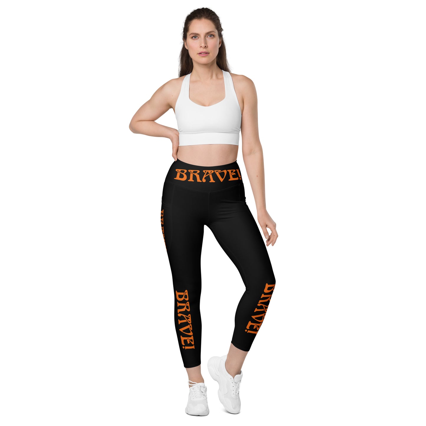 “BRAVE!” Black Leggings W/Pockets & Orange Font