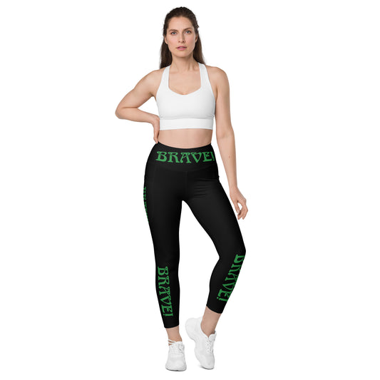 “BRAVE!” Black Leggings W/Pockets & Green Font