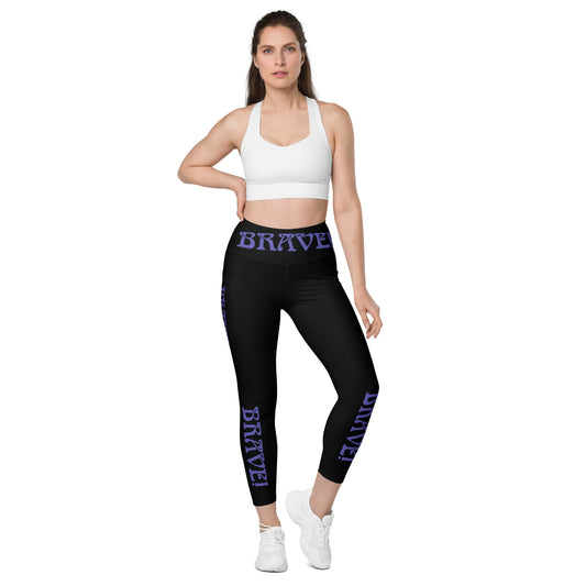 “BRAVE!” Black Leggings W/Pockets & Purple Font