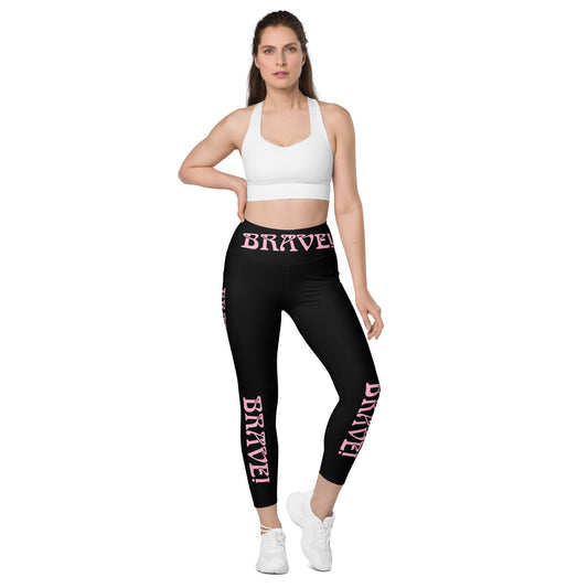 “BRAVE!” Black Leggings W/Pockets & Cotton Candy Font