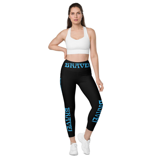 “BRAVE!” Black Leggings W/Pockets & SkyBlue Font