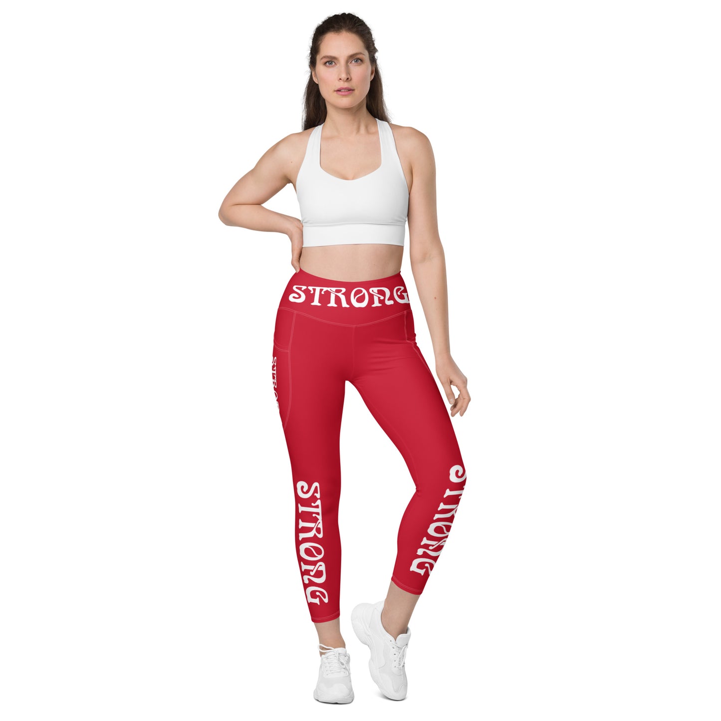 “STRONG”Red Leggings W/Pockets & White Font