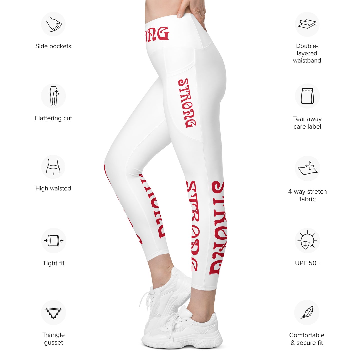 “STRONG” White Leggings W/ Pockets & Red Font