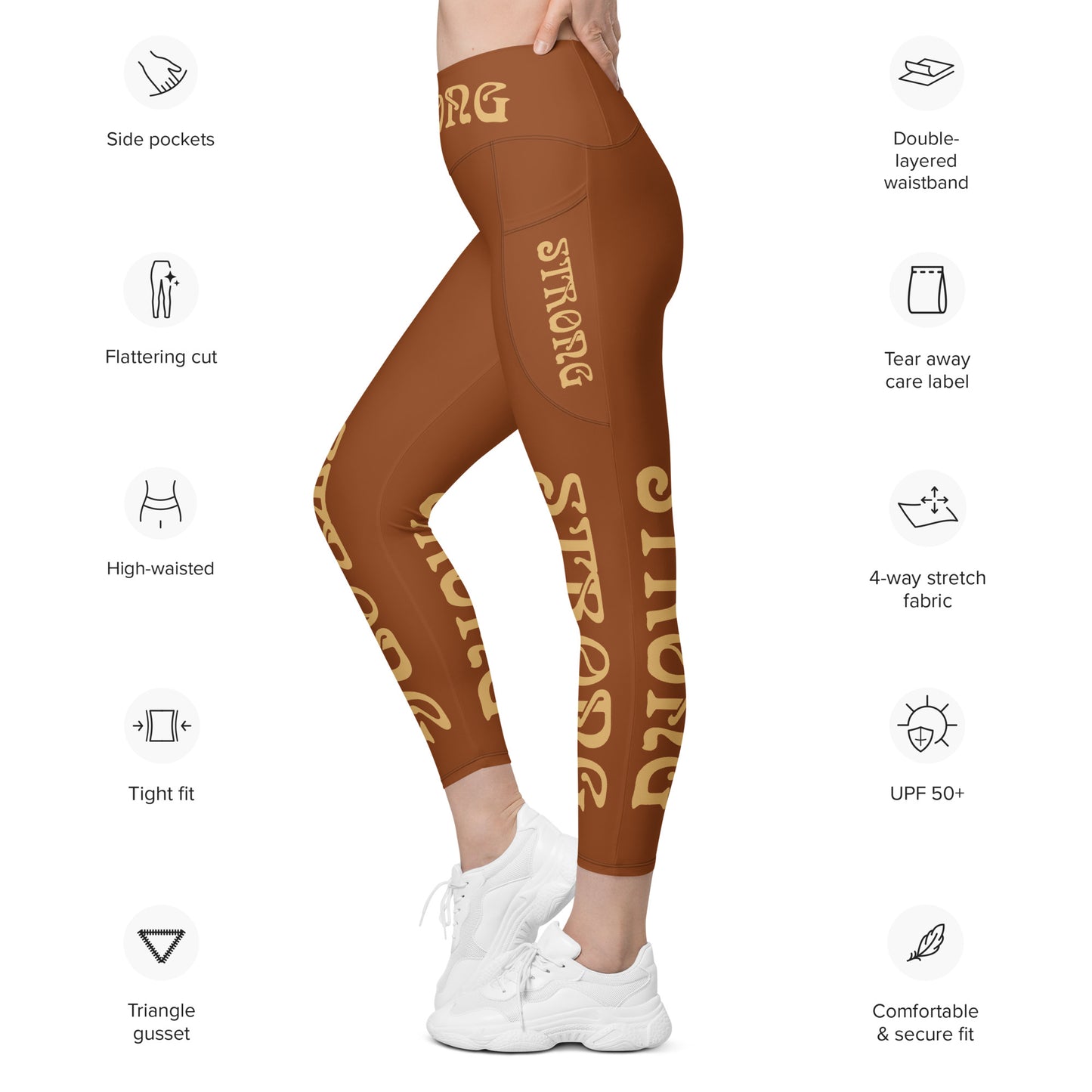 “STRONG”Brown Leggings W/Pockets & Fawn Font