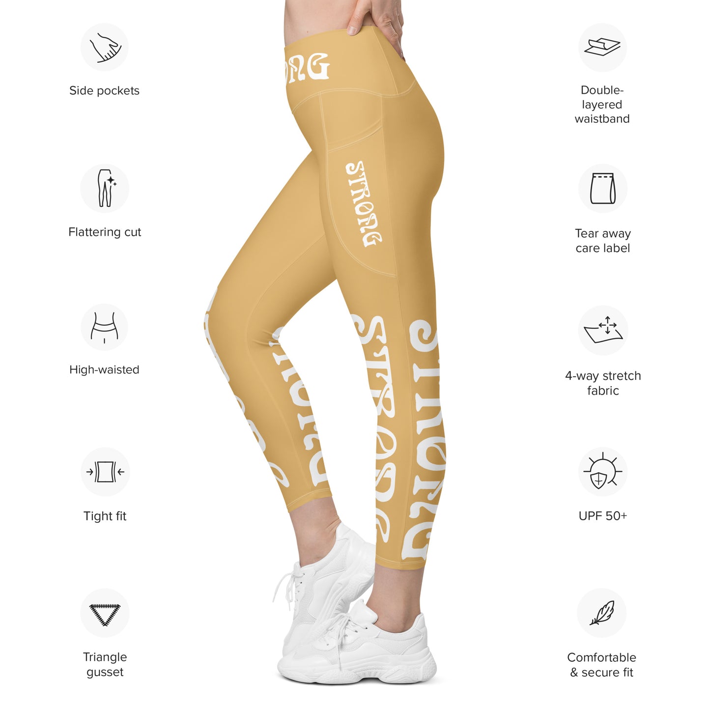 “STRONG” Fawn Leggings W/Pockets & White Font