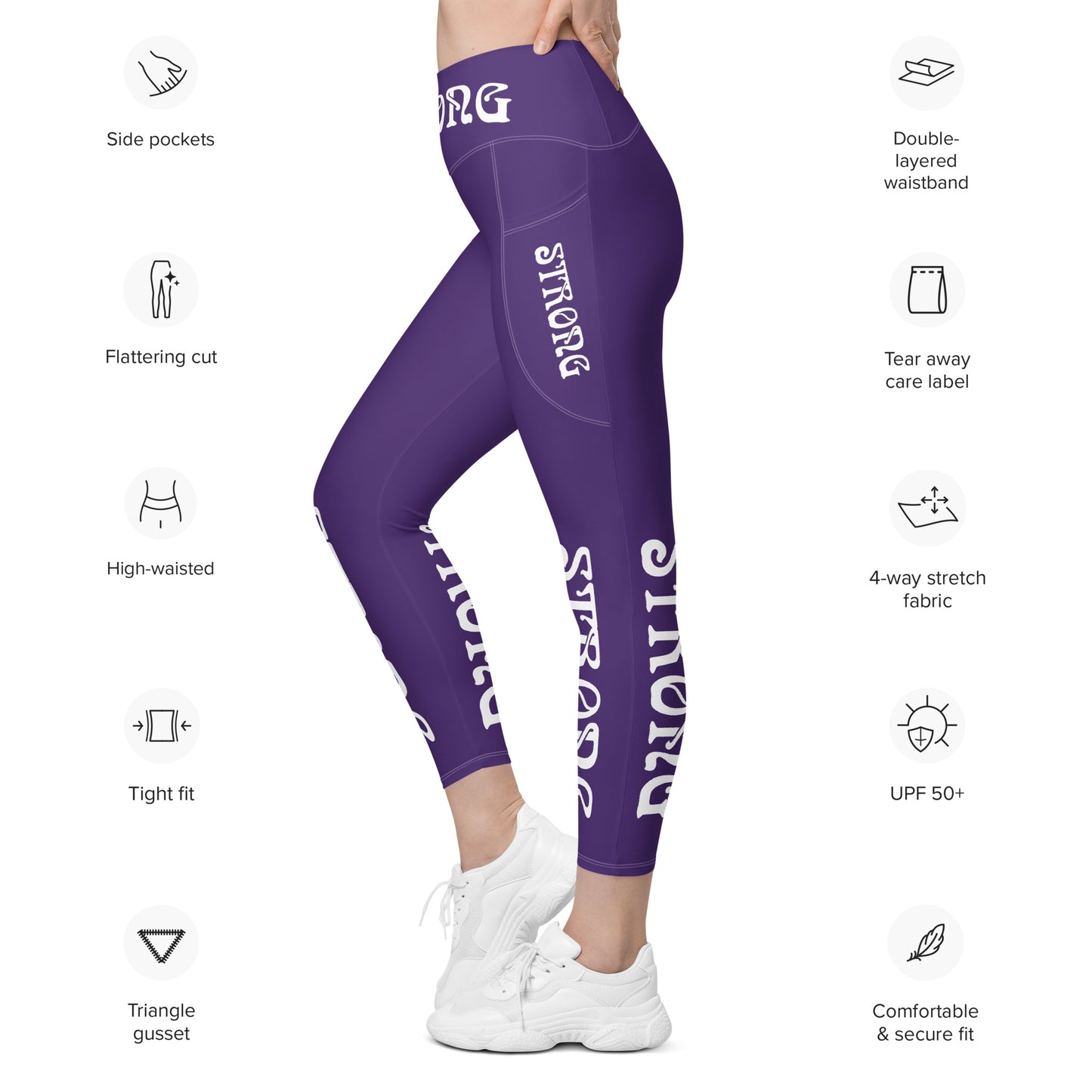 “STRONG”Purple Leggings W/Pockets & White Font