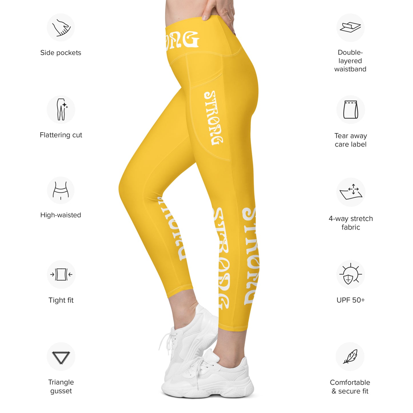 “STRONG” Yellow Leggings W/Pockets & White Font