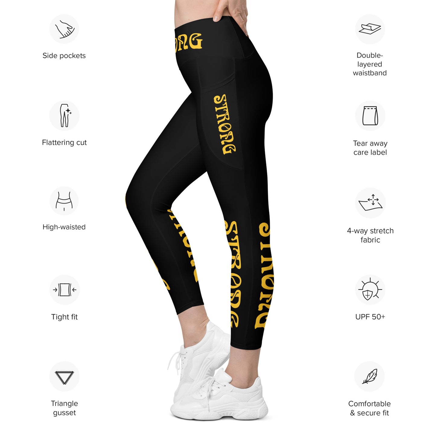 “STRONG” Black Leggings W/Pockets & Yellow Font