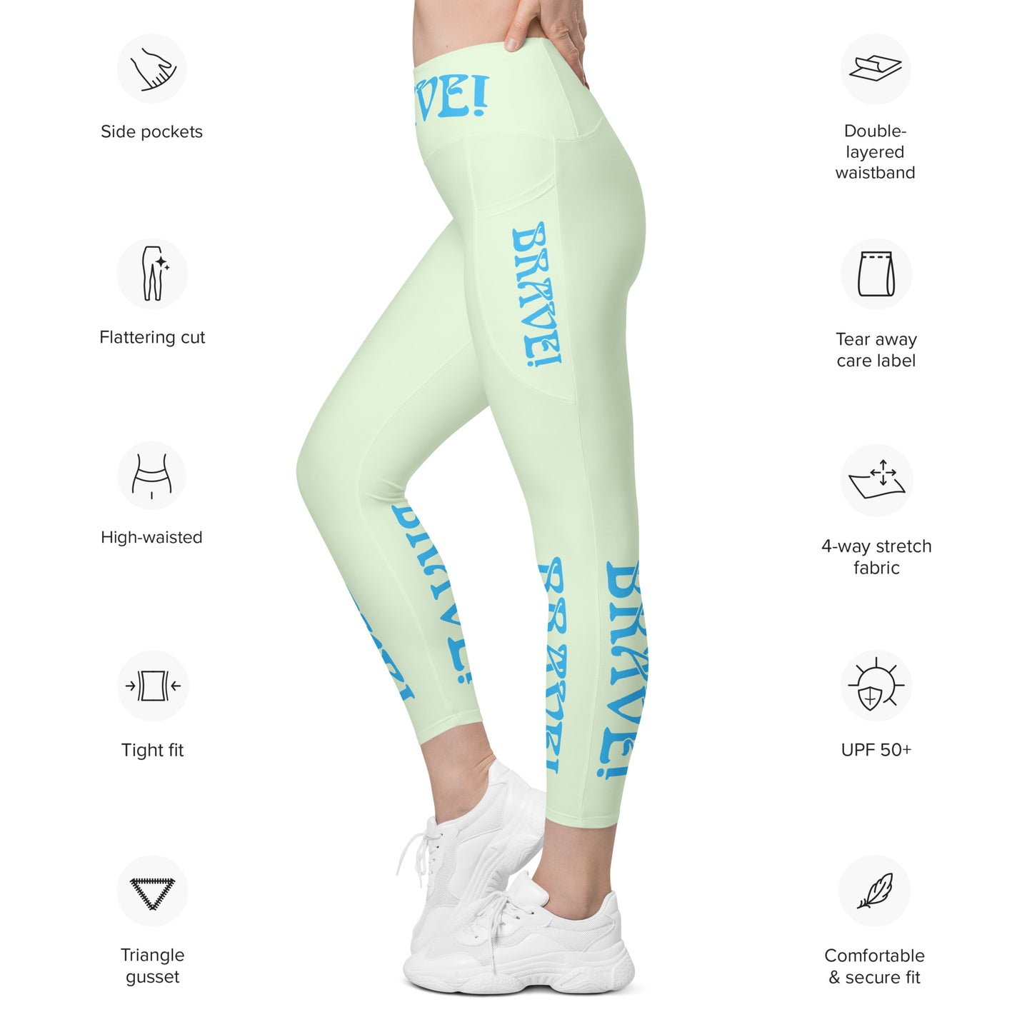 “BRAVE!” Leggings W/Pockets & SkyBlue Font