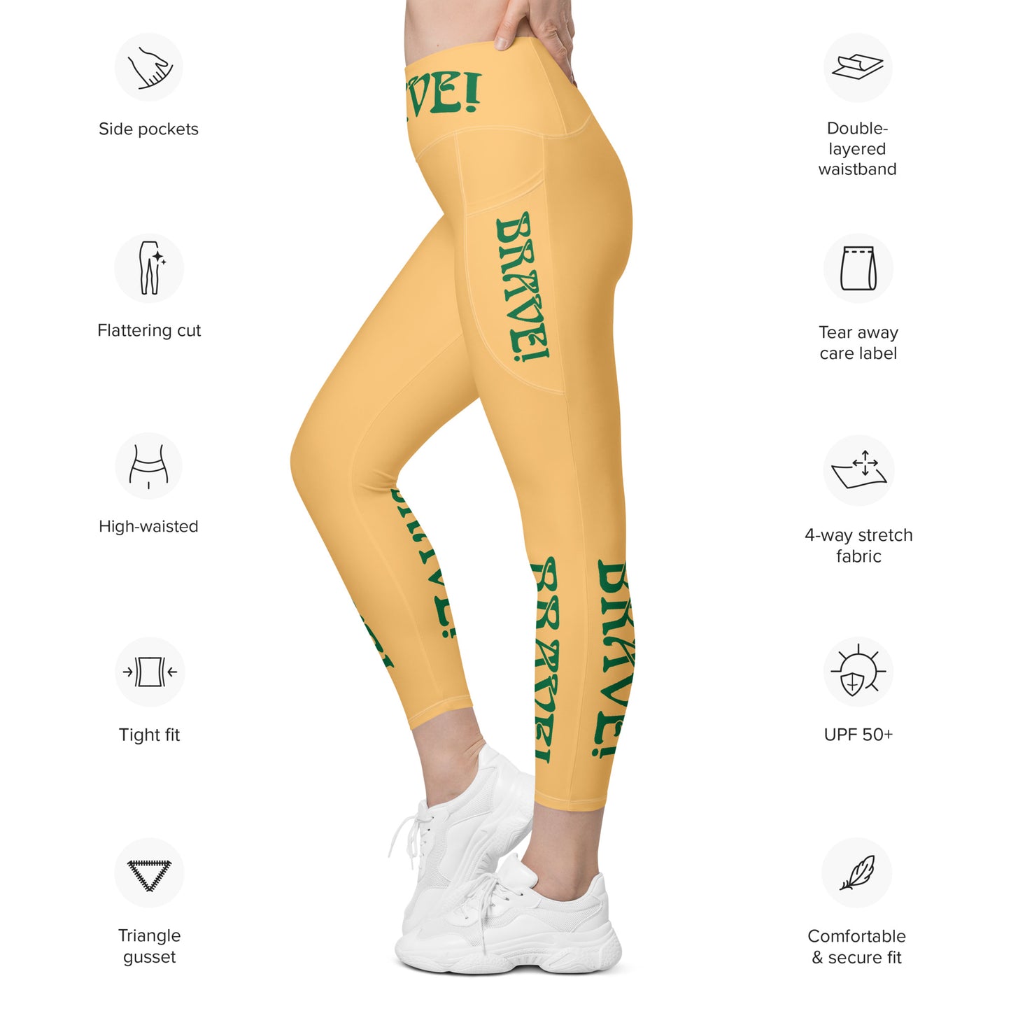 “BRAVE!” Chardonnay Leggings W/Pockets & Green Font