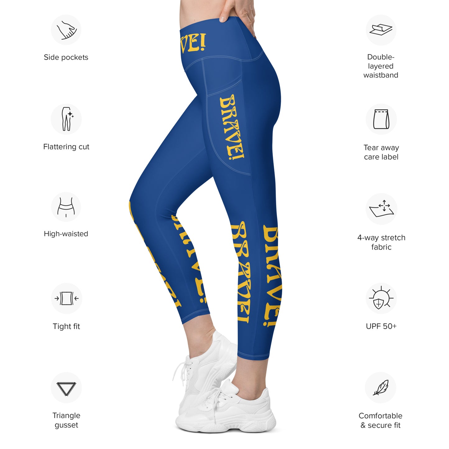 “BRAVE!” Blue Leggings W/Pockets & Yellow Font