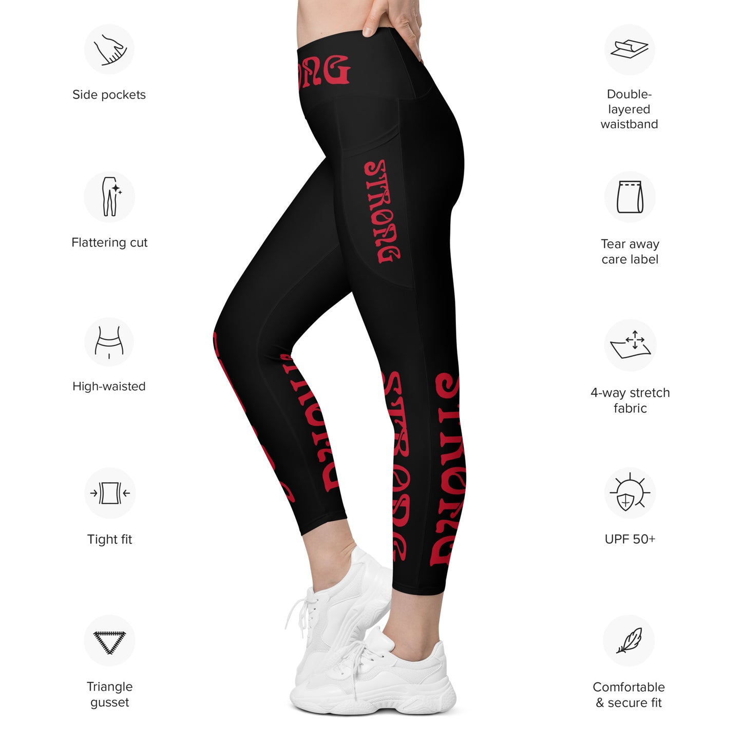 “STRONG” Black Leggings W/Pockets & Red Font