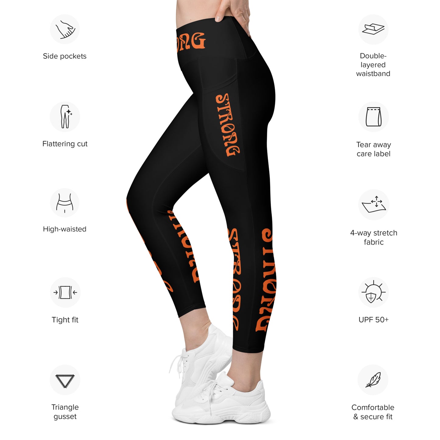 “STRONG” Black Leggings W/Pockets & Orange Font