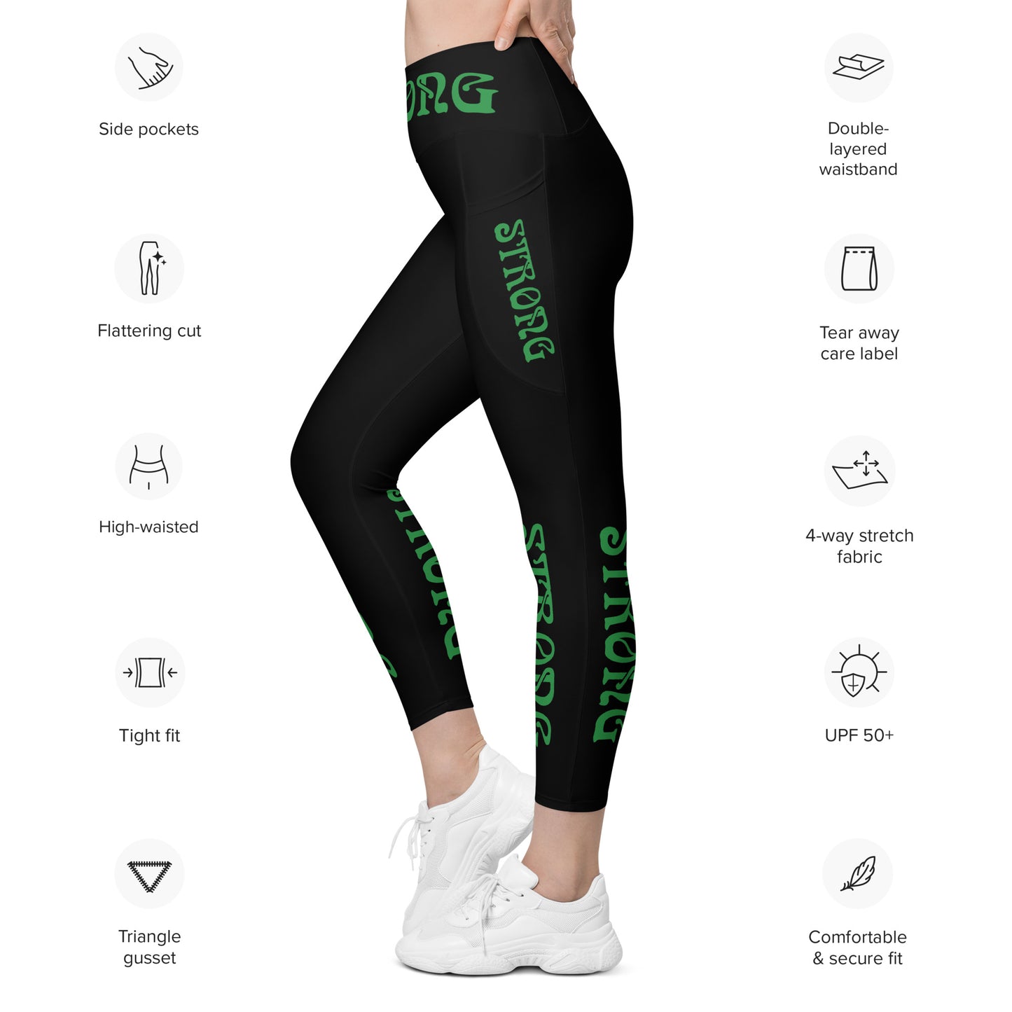 “STRONG” Black Leggings W/Pockets & Green Font