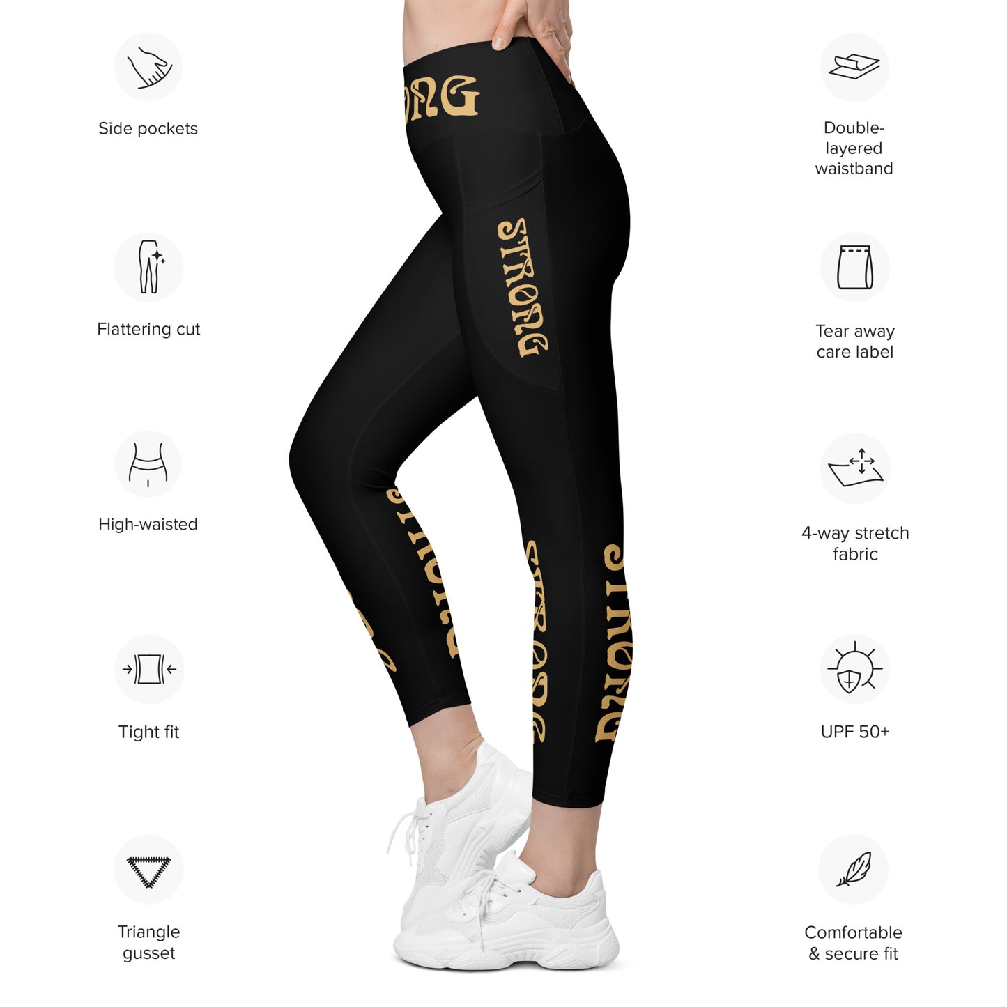 “STRONG” Black Leggings W/Pockets & Fawn Font