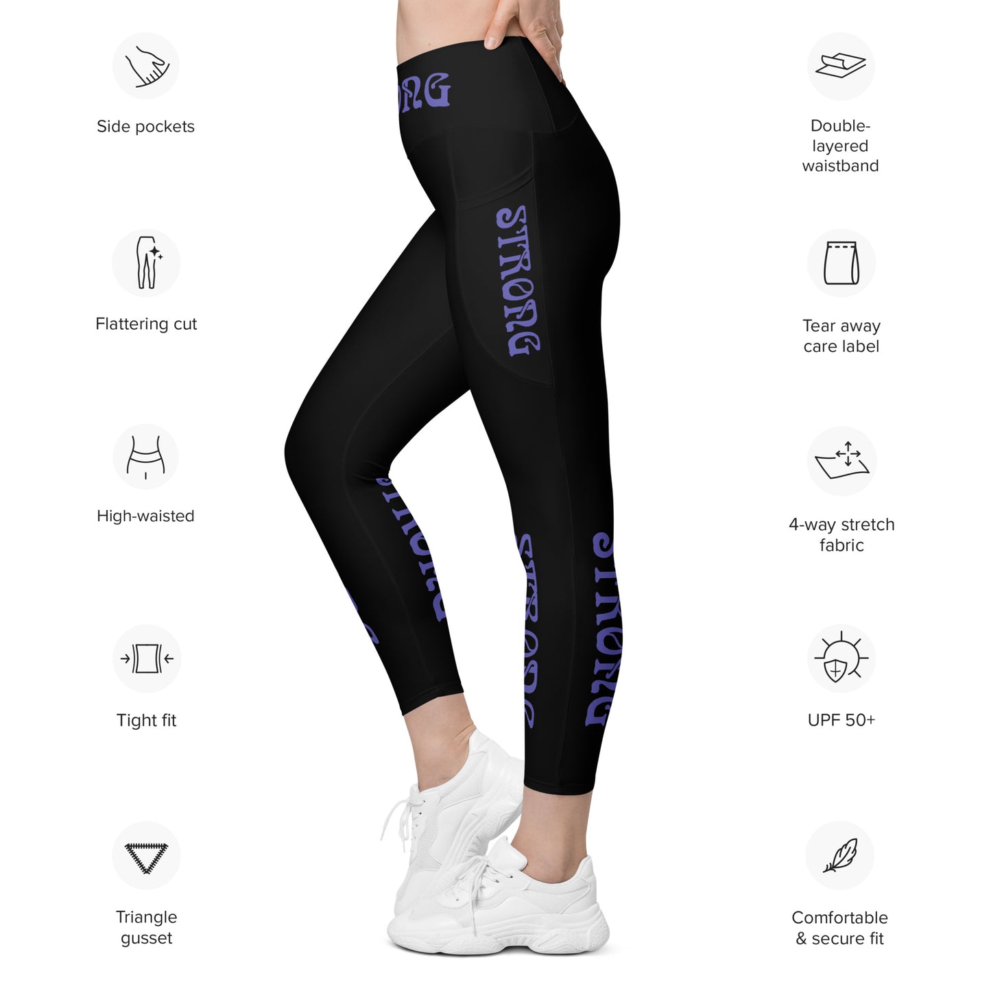 “STRONG” Black Leggings W/Pockets & Purple Font