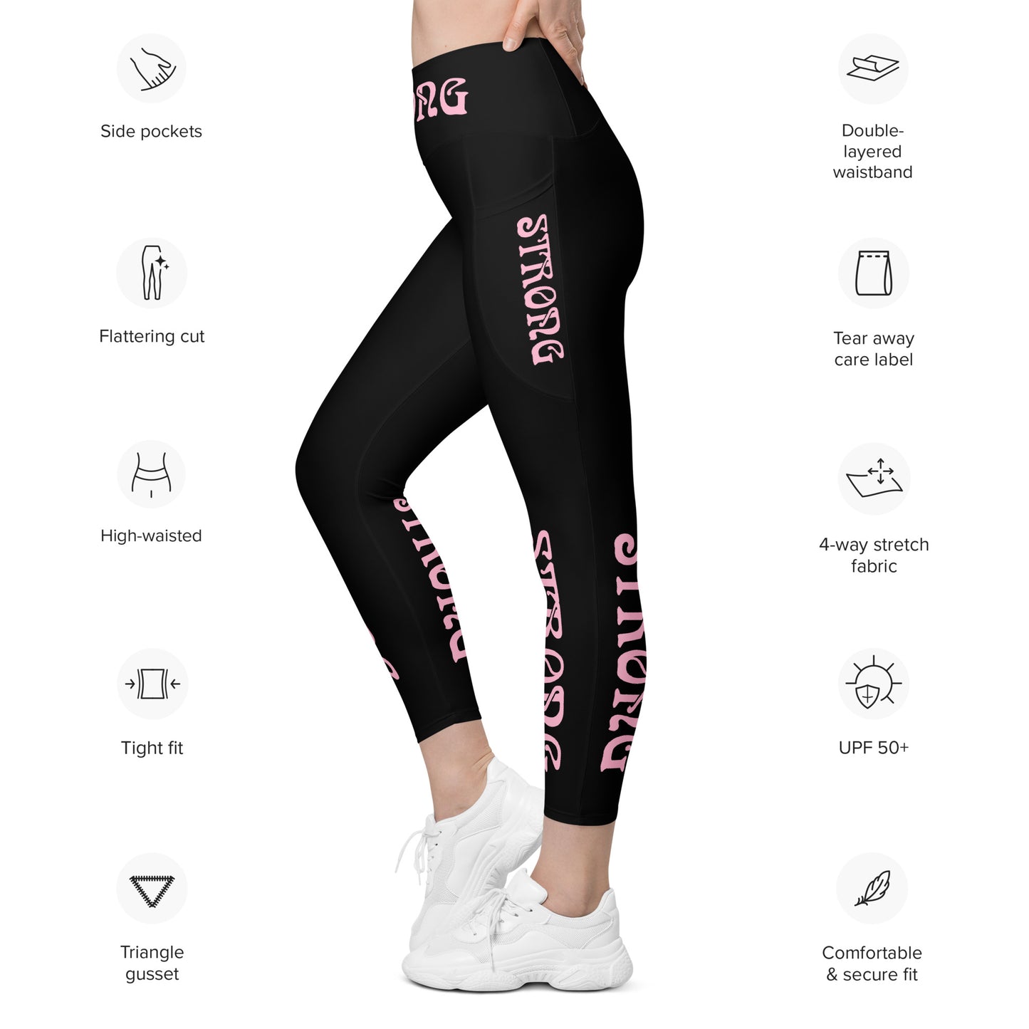 “STRONG” Black Leggings W/Pockets & Cotton Candy Font