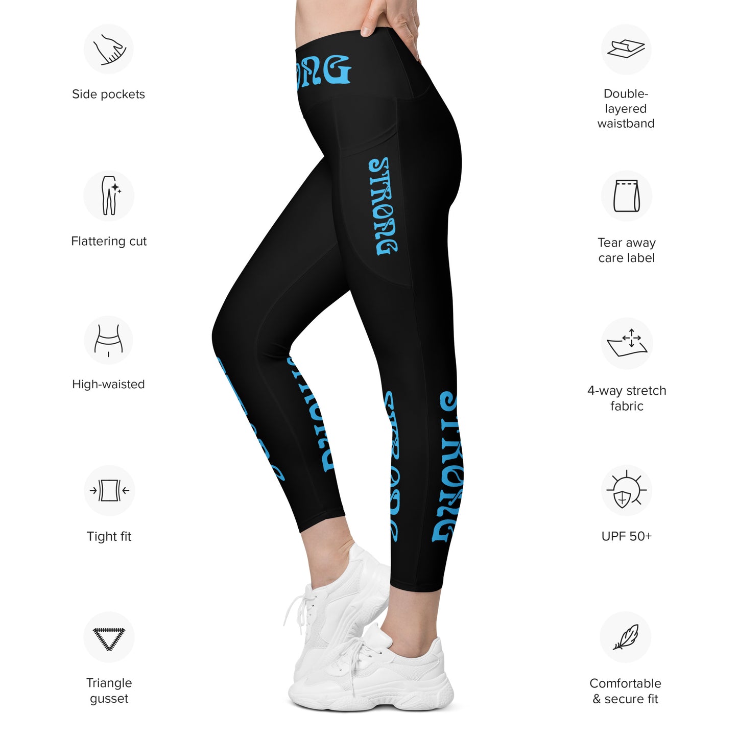 “STRONG” Black Leggings W/Pockets & SkyBlue Font