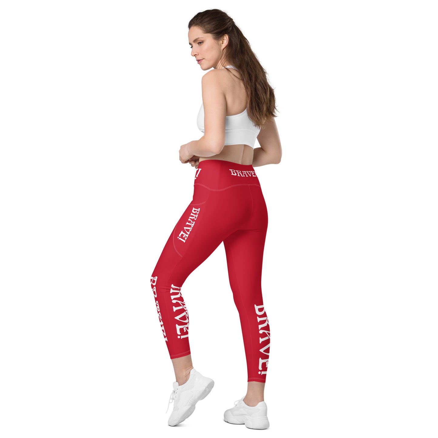 “BRAVE!” Red Leggings W/Pockets & White Font